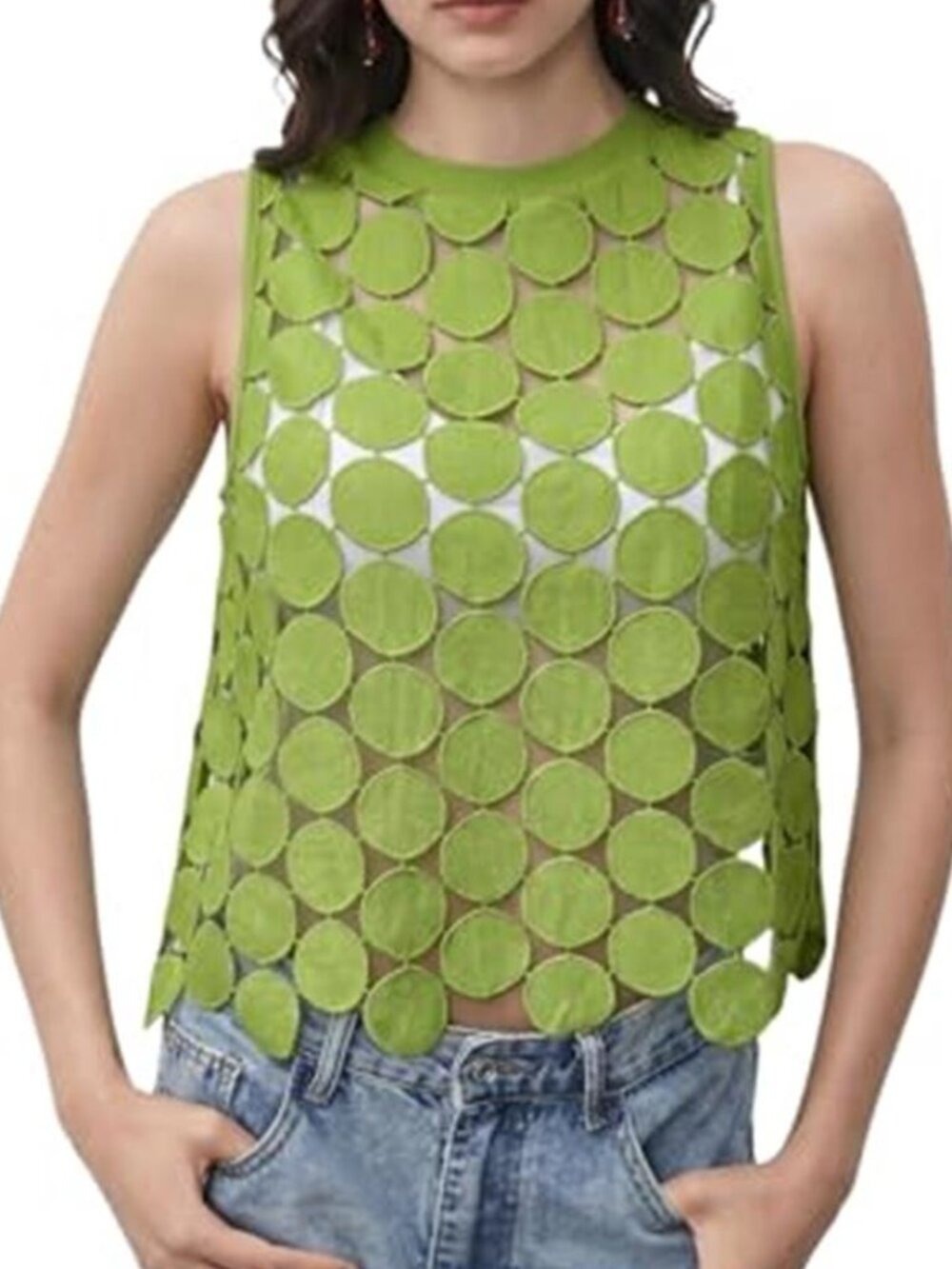 Women's Green Sheer Tank Tops See Through Polka Dots Asymmetrical Top Summer